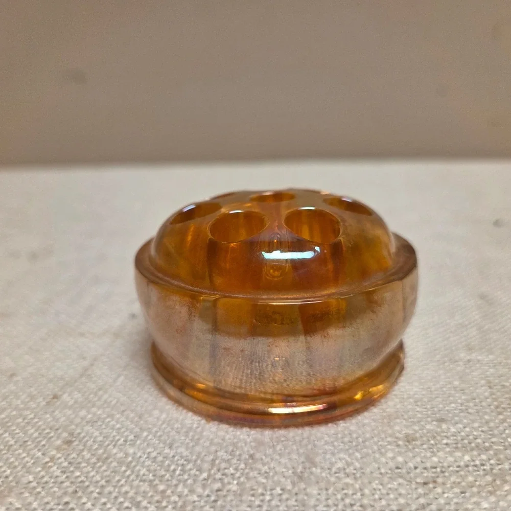 Vintage Amber Carnival Glass Flower Frog Iridescent Marigold 8 Hole Small Round